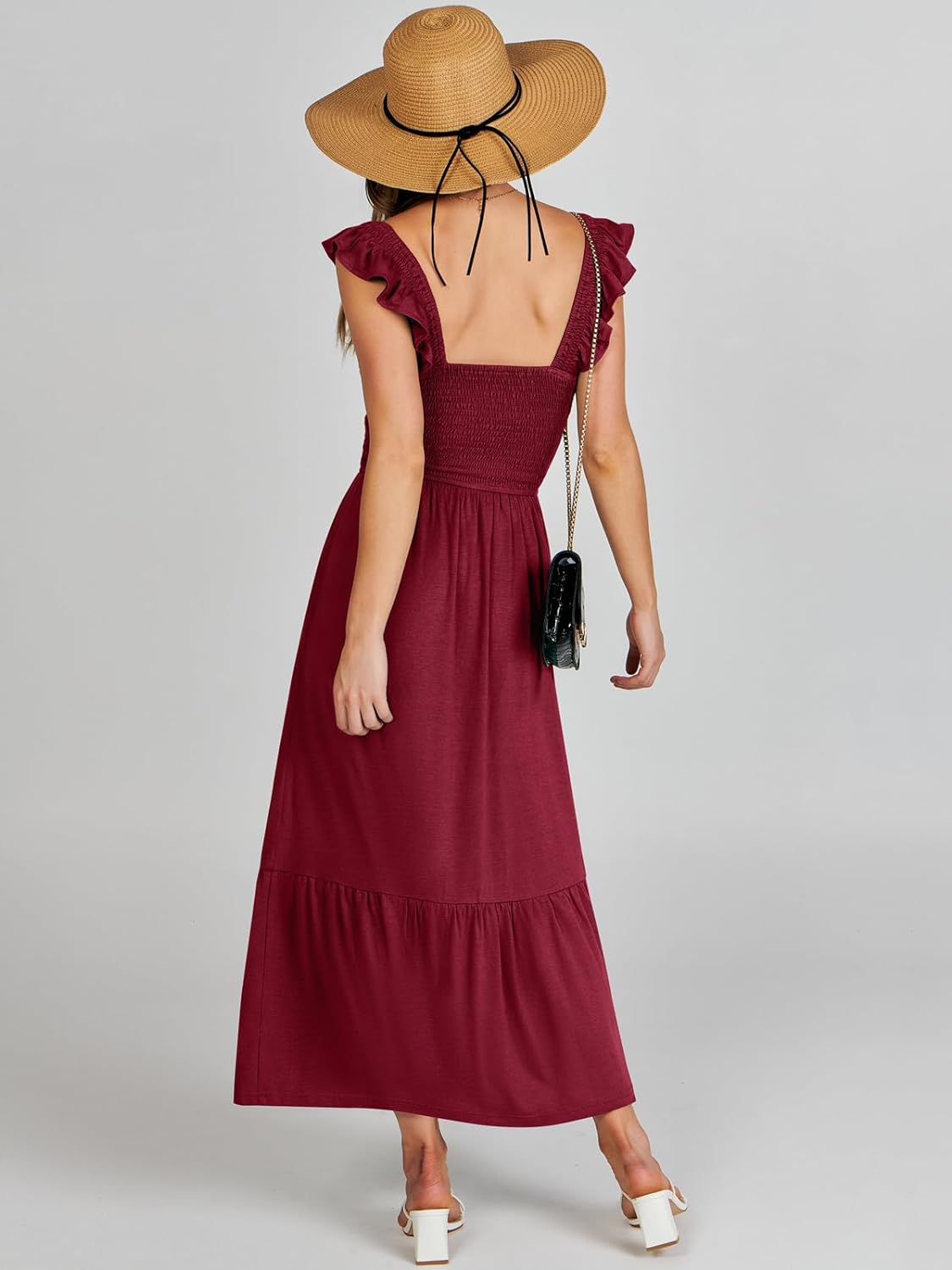 Women’s Summer Maxi Dress Square Neck Ruffle Sleeveless Smocked Tiered Casual Beach Sundress with Pockets