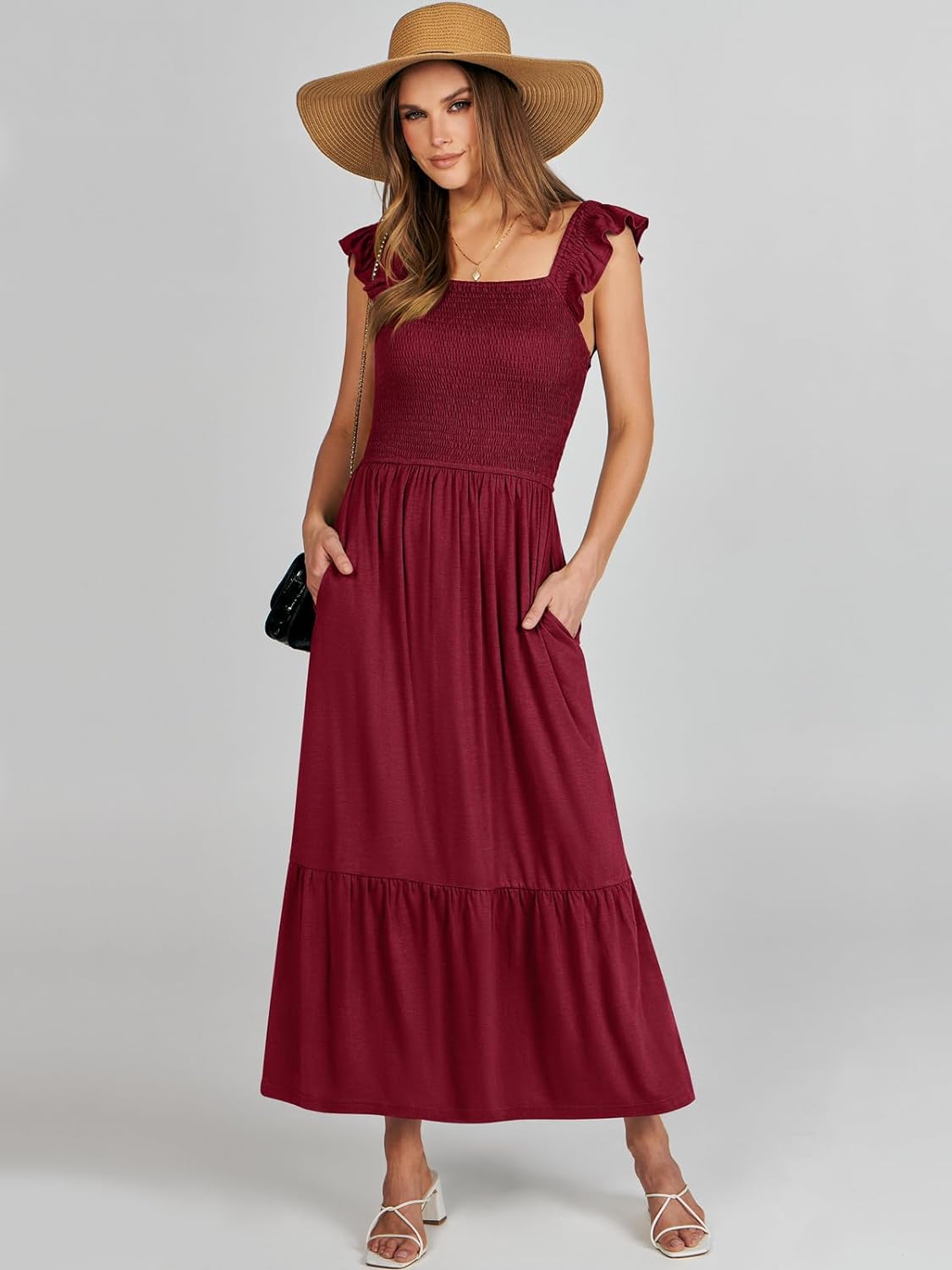 Women’s Summer Maxi Dress Square Neck Ruffle Sleeveless Smocked Tiered Casual Beach Sundress with Pockets