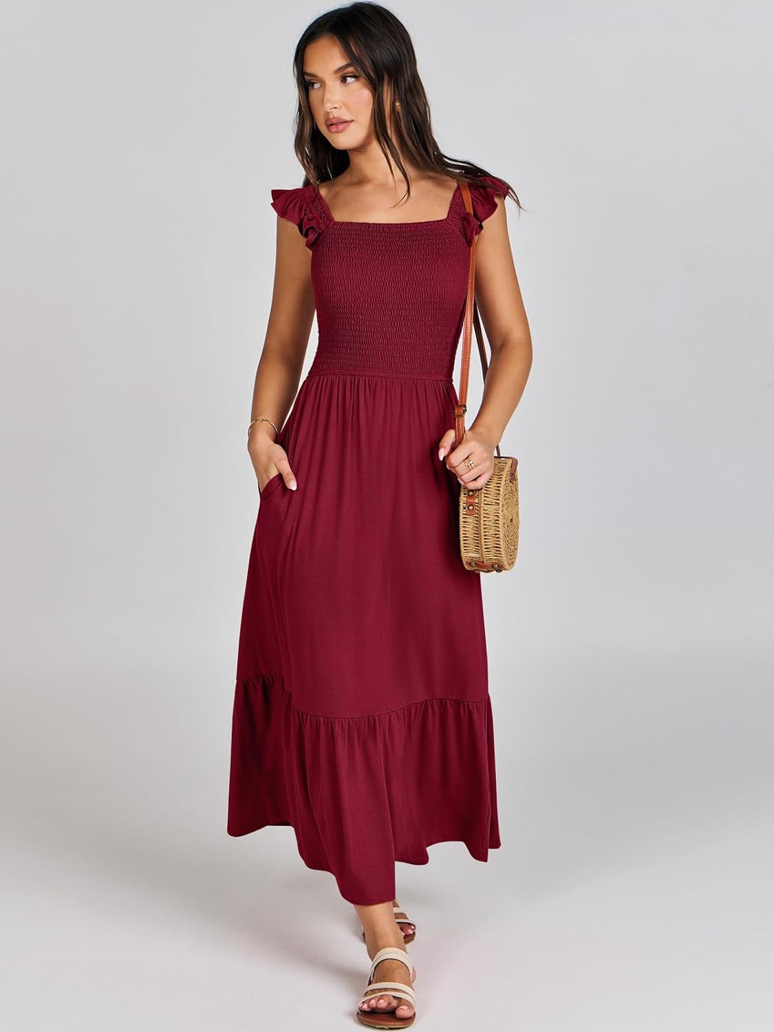 Women’s Summer Maxi Dress Square Neck Ruffle Sleeveless Smocked Tiered Casual Beach Sundress with Pockets