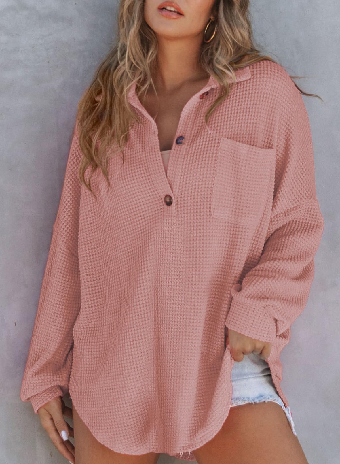 2024 New Women's Waffle Knit Henley V Neck Shirt Jacket (buy 2 free shipping)