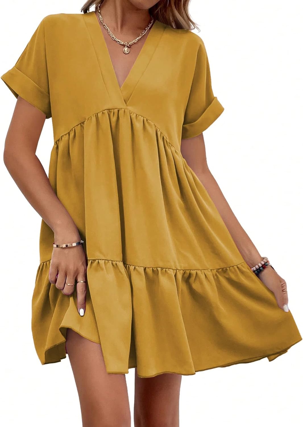 Women's Roll Up Short Sleeve V Neck Solid Smock Dress