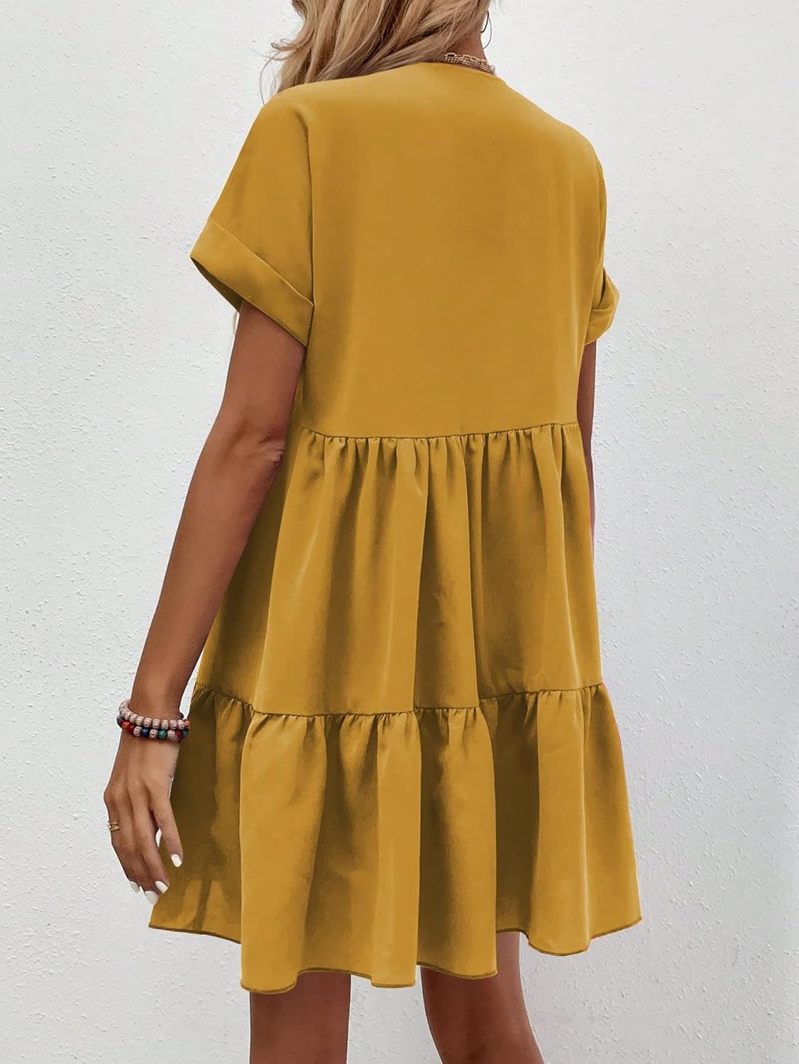 Women's Roll Up Short Sleeve V Neck Solid Smock Dress