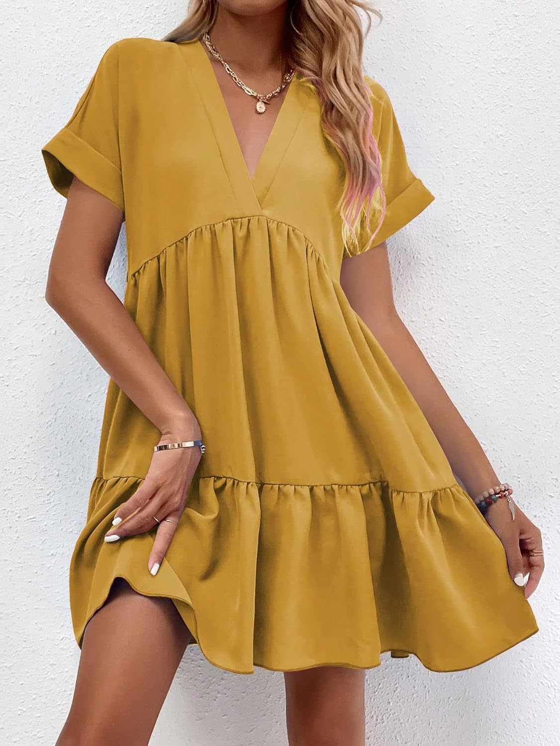 Women's Roll Up Short Sleeve V Neck Solid Smock Dress
