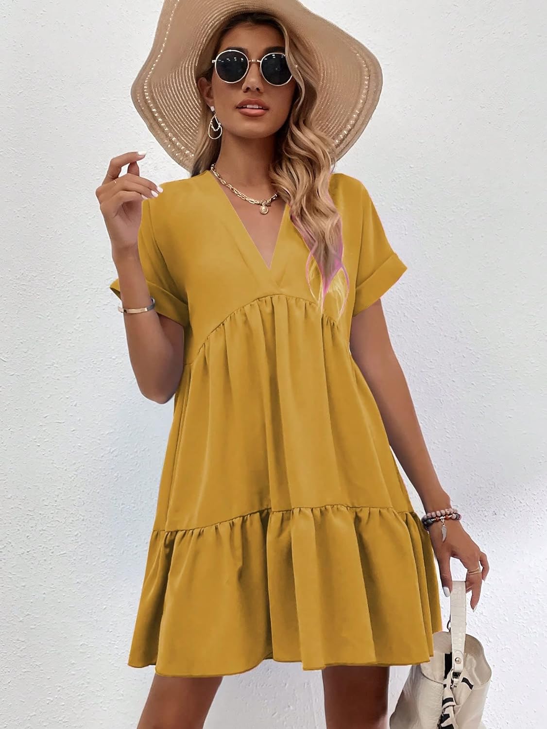 Women's Roll Up Short Sleeve V Neck Solid Smock Dress