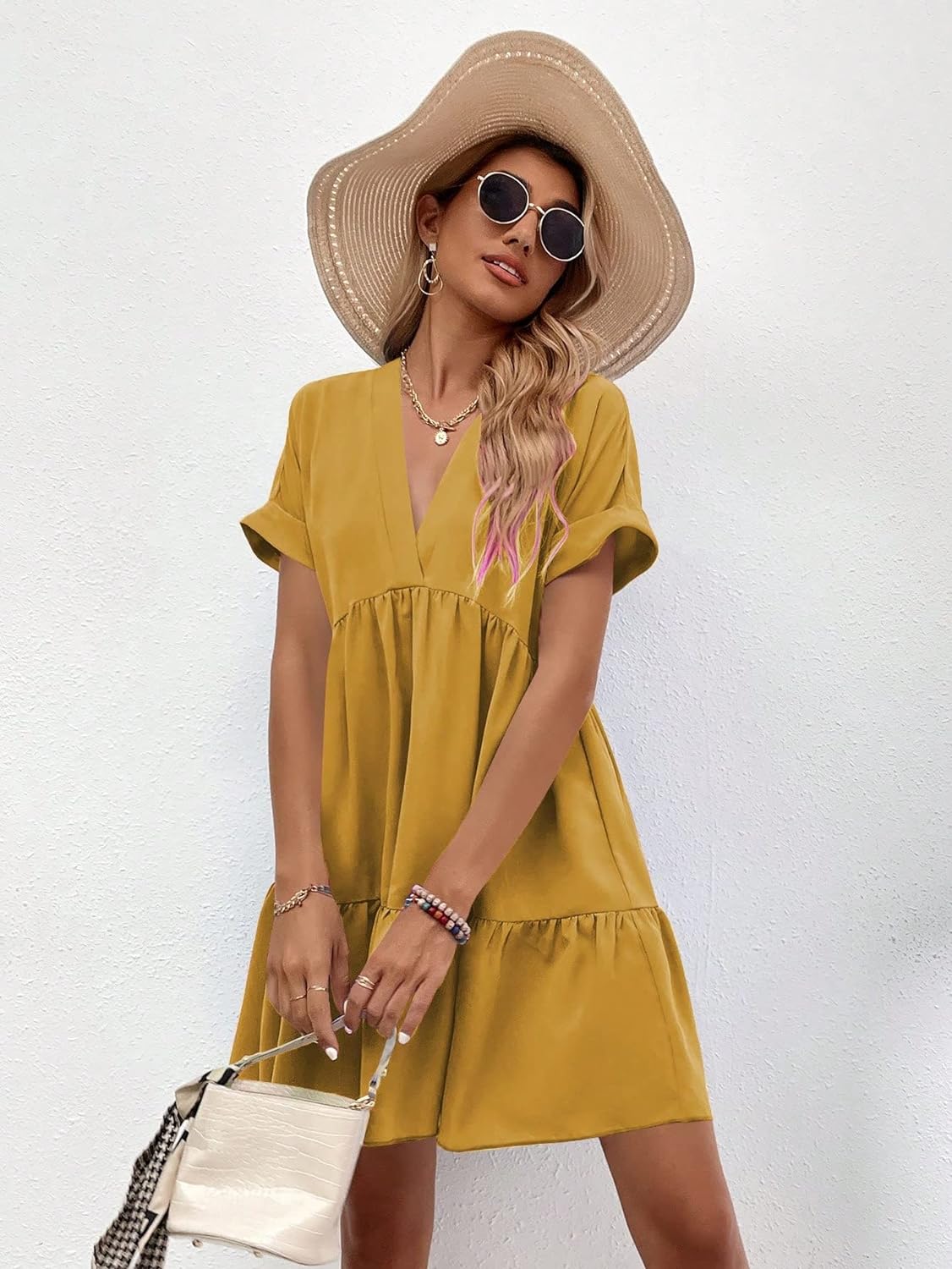 Women's Roll Up Short Sleeve V Neck Solid Smock Dress