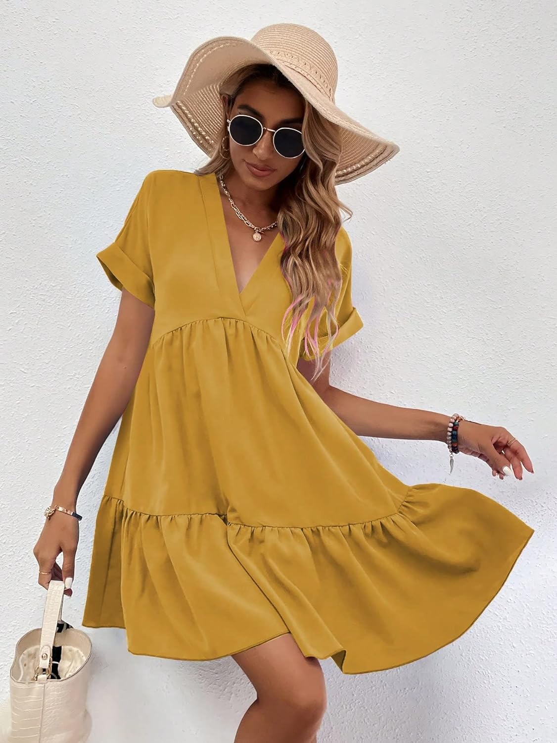 Women's Roll Up Short Sleeve V Neck Solid Smock Dress