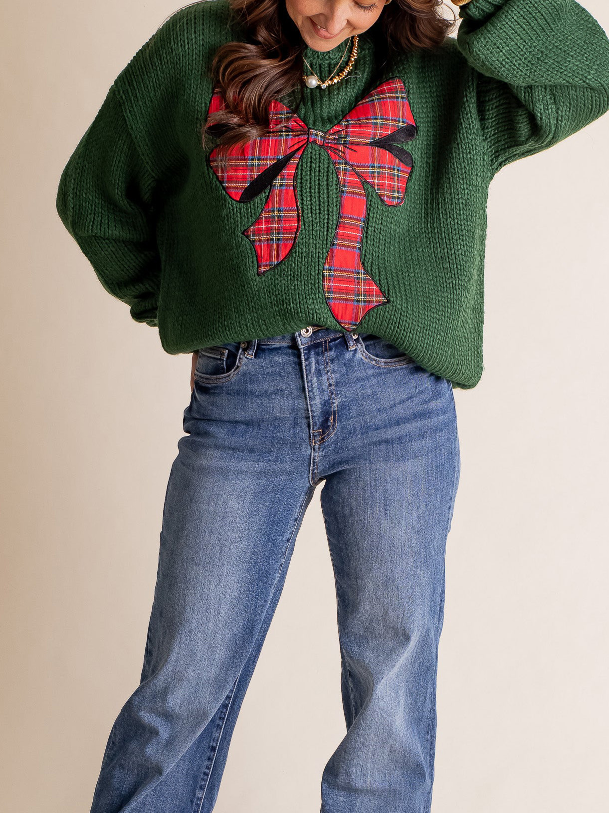 Pinch Me Christmas Plaid Bow Sweater (Buy 2 Free Shipping)