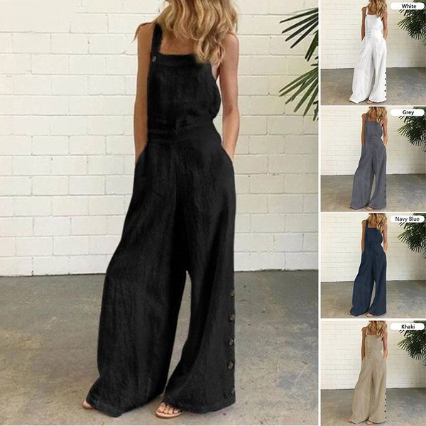 Women's Sleeveless Pocket Wide Leg Side Button Jumpsuit