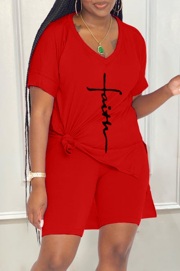 【Buy 2 Free Shipping】Letter Print Split Side V Neck T-Shirt & Shorts Two Piece Set