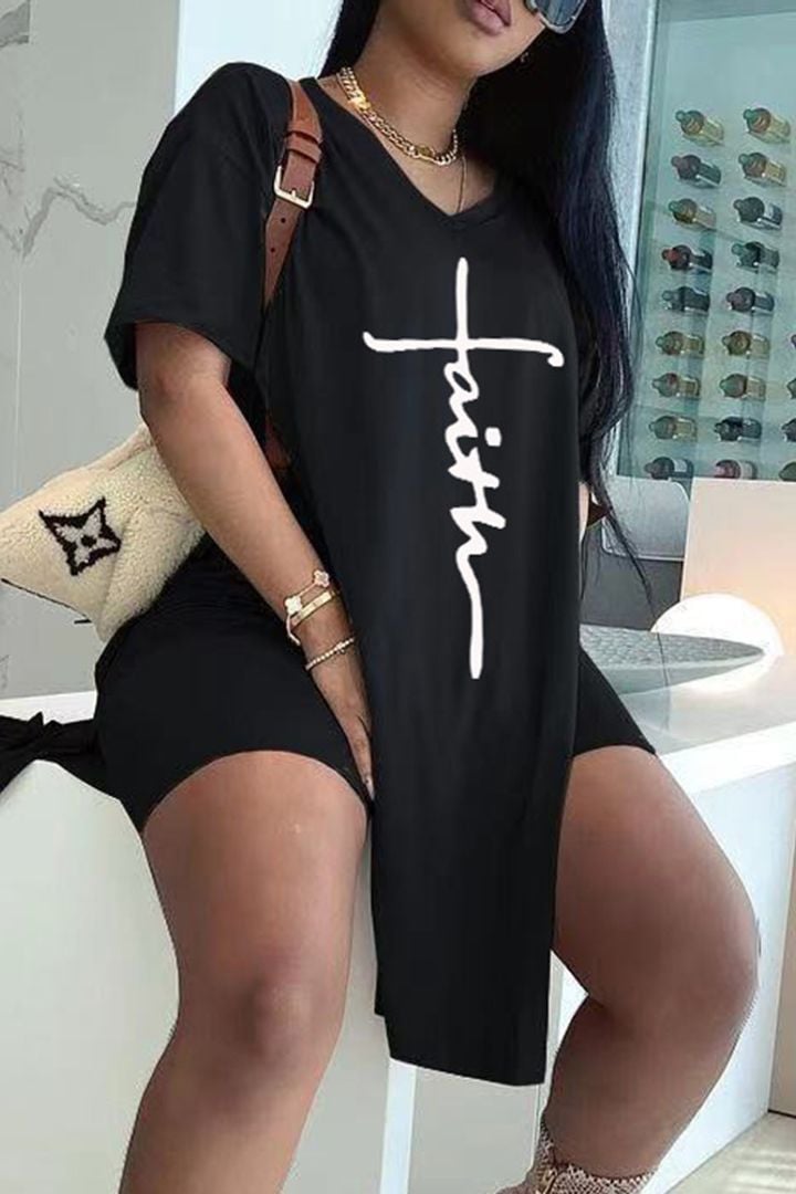 【Buy 2 Free Shipping】Letter Print Split Side V Neck T-Shirt & Shorts Two Piece Set