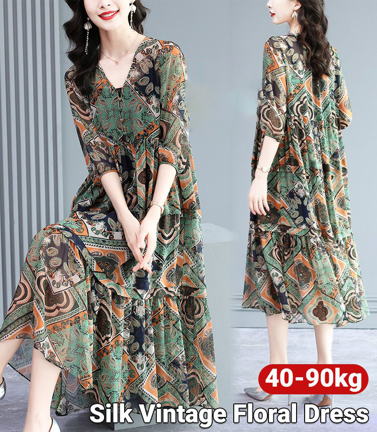 Ice Silk Retro Style Floral Dress