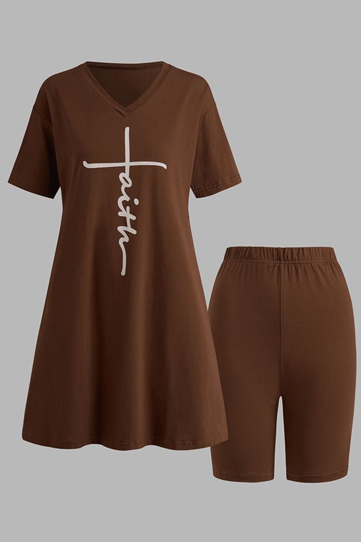 【Buy 2 Free Shipping】Letter Print Split Side V Neck T-Shirt & Shorts Two Piece Set