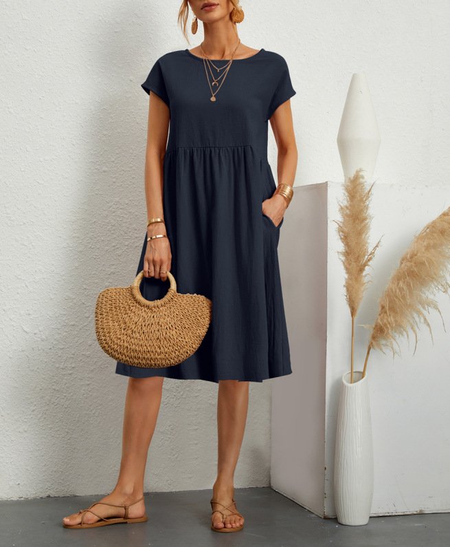 Women Short Sleeve Cotton And Linen Dress