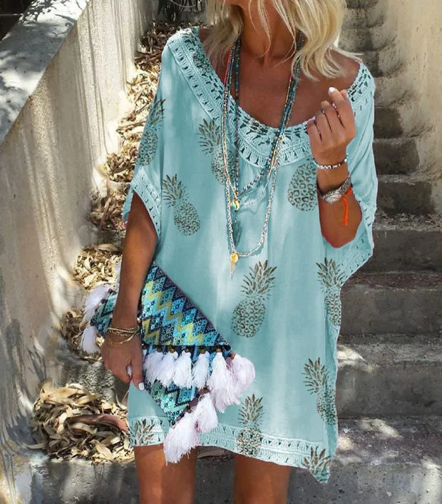 Women's V-Neck Lace Patchwork Floral Print Dress