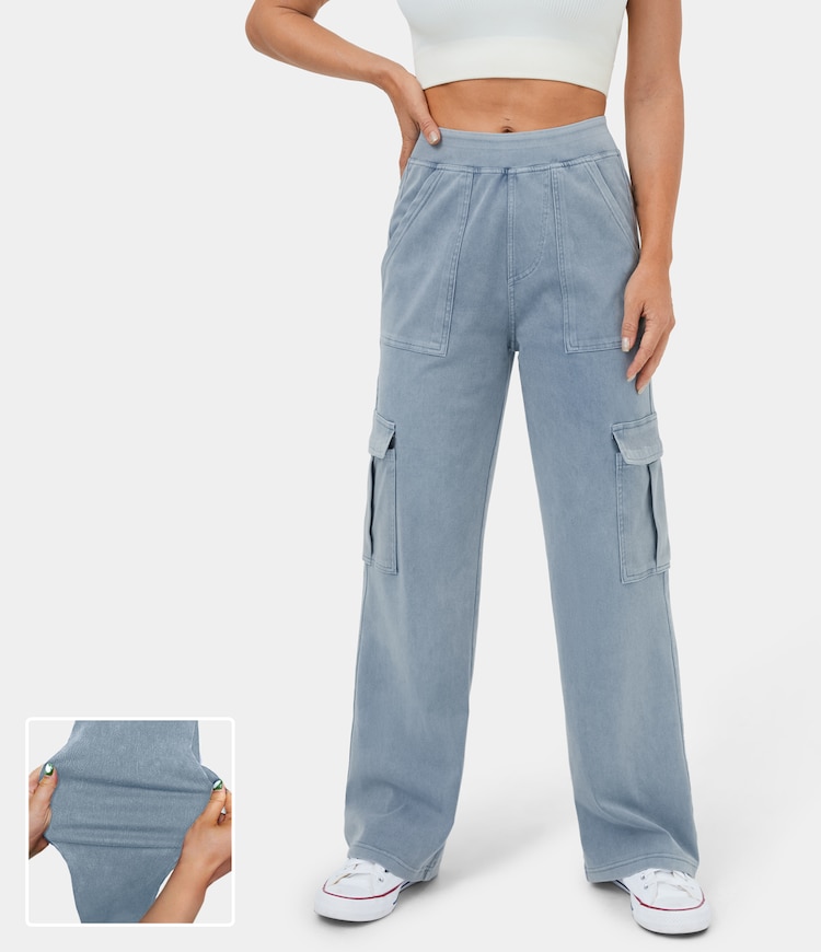 Mid Rise Multiple Pockets Straight Leg Stretchy Knit Denim Casual Cargo Pants
