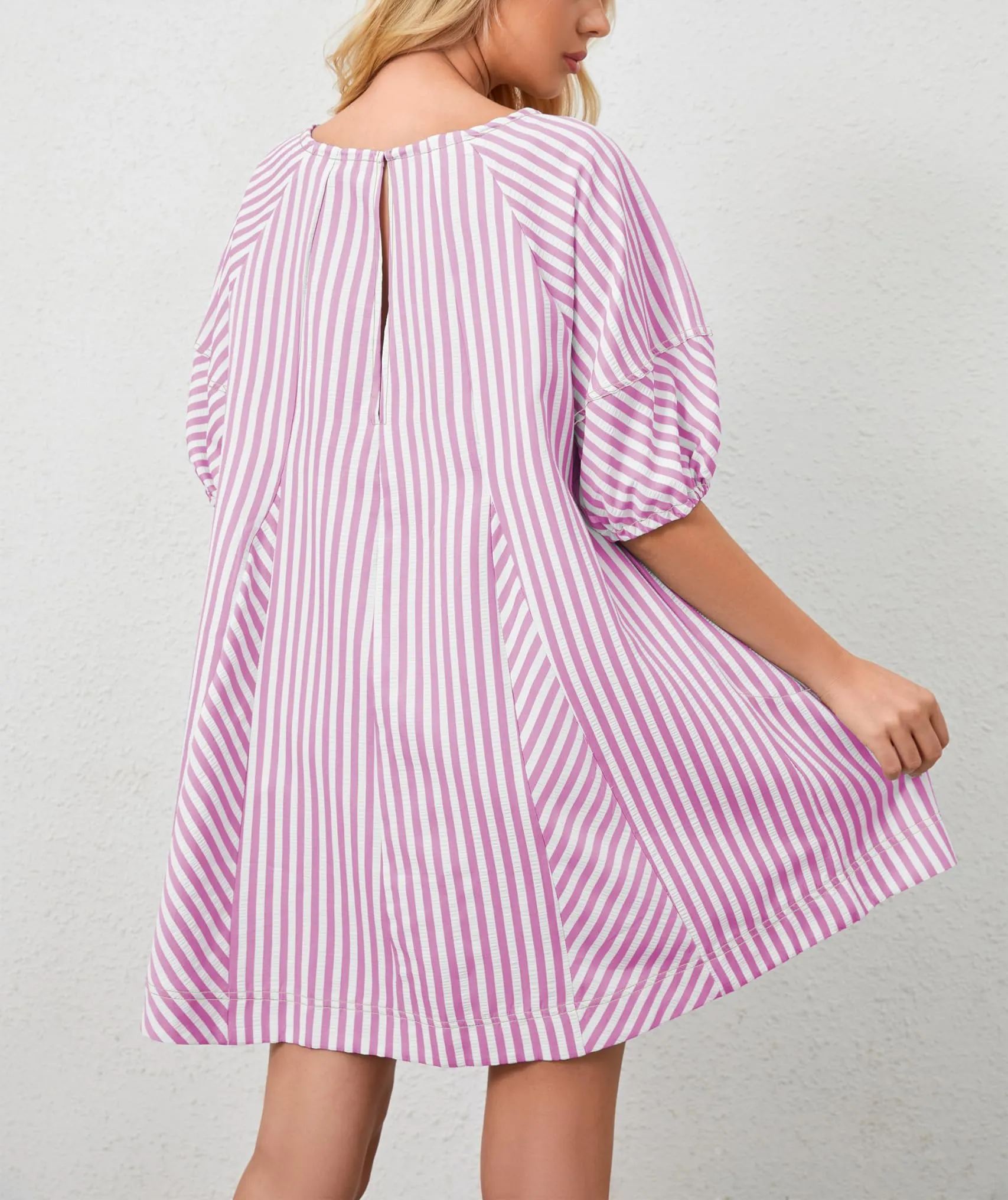🔥2024 Summer Hot🔥Striped Puff Sleeve Scoop Neck Keyhole Back Swing Dress