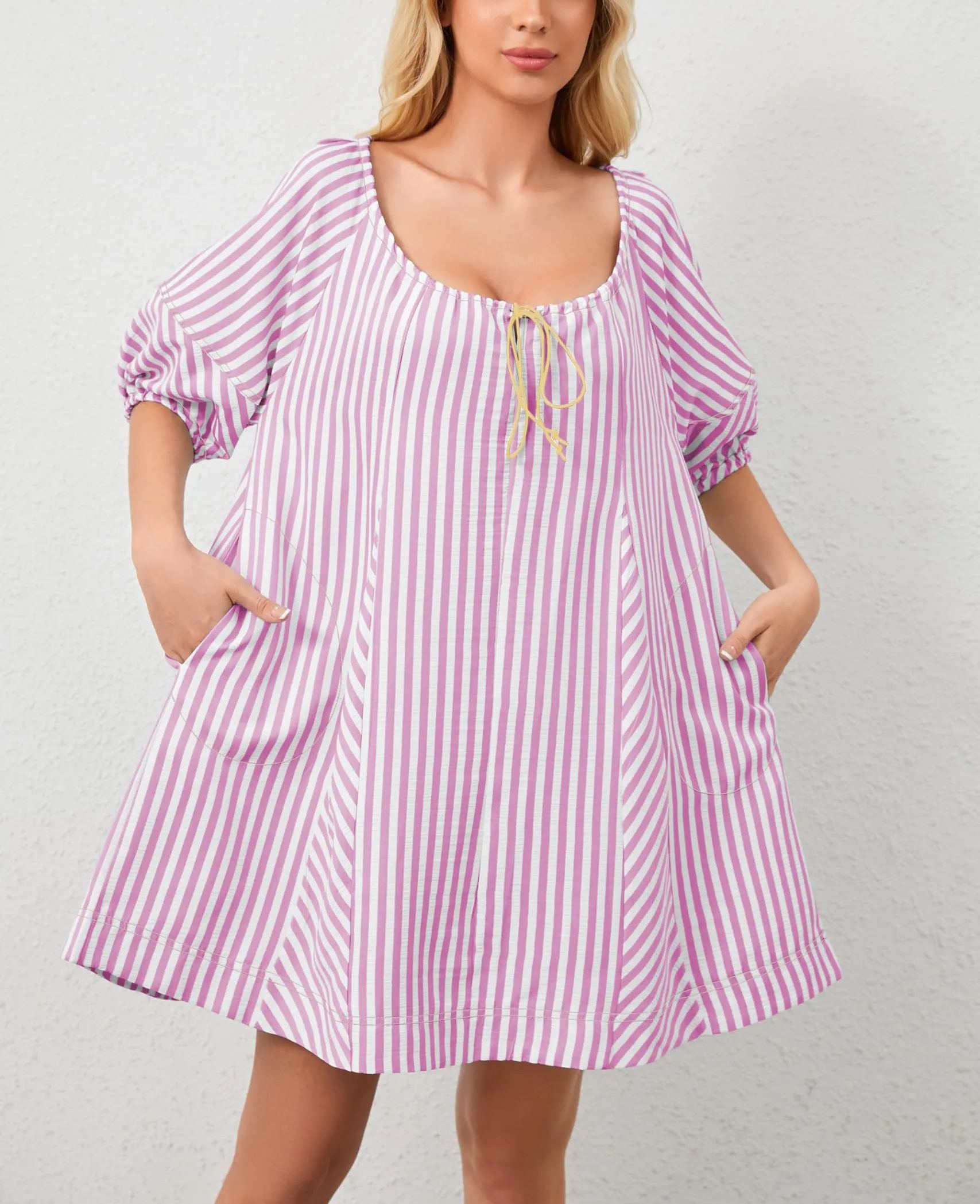 🔥2024 Summer Hot🔥Striped Puff Sleeve Scoop Neck Keyhole Back Swing Dress