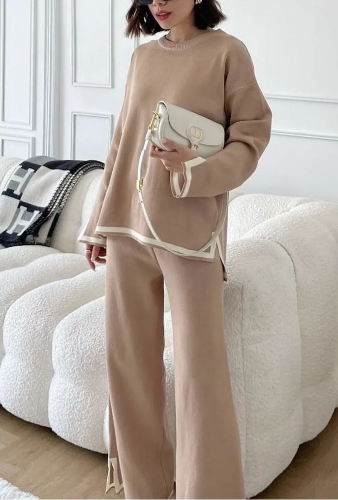 Women's Slit Long Sleeve Sweater High Waist Pants Suit