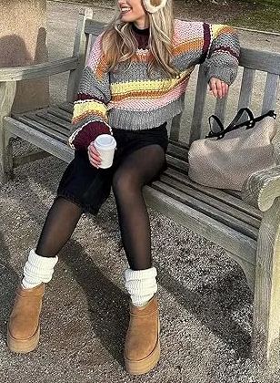Womens Color Block Sweater Striped Chunky Knit Cropped Sweaters