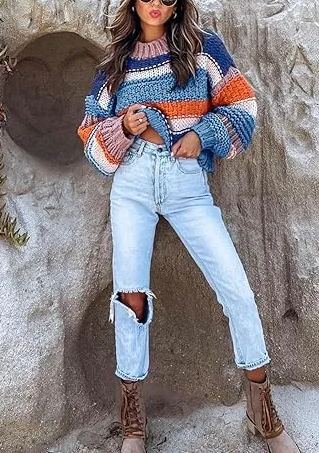 Womens Color Block Sweater Striped Chunky Knit Cropped Sweaters