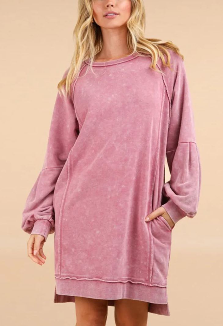 Washed Raglan Sleeve Casual Mini Dress