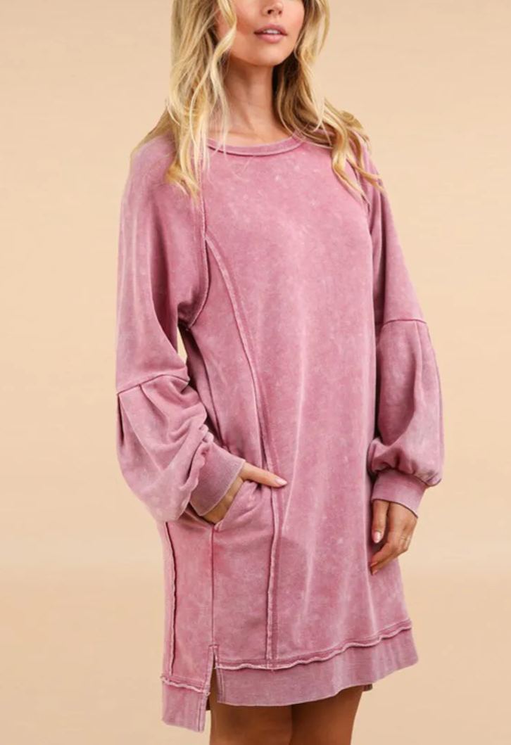 Washed Raglan Sleeve Casual Mini Dress