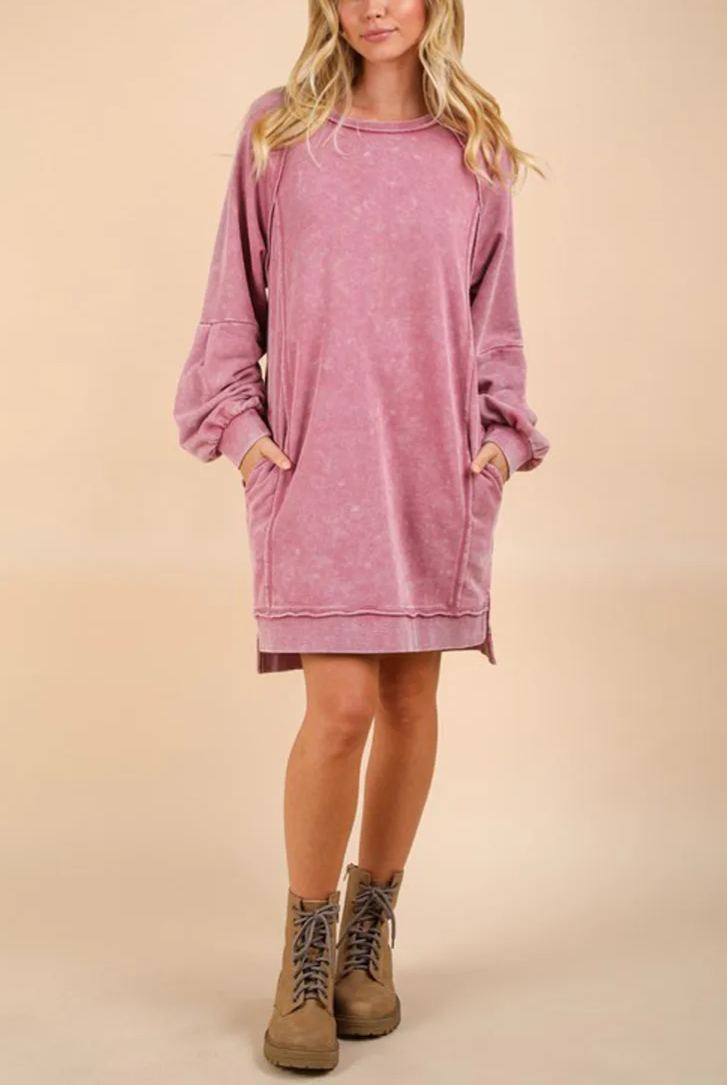 Washed Raglan Sleeve Casual Mini Dress