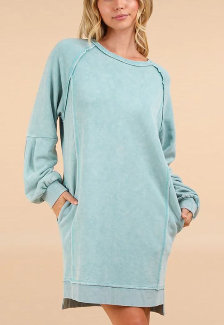 Washed Raglan Sleeve Casual Mini Dress