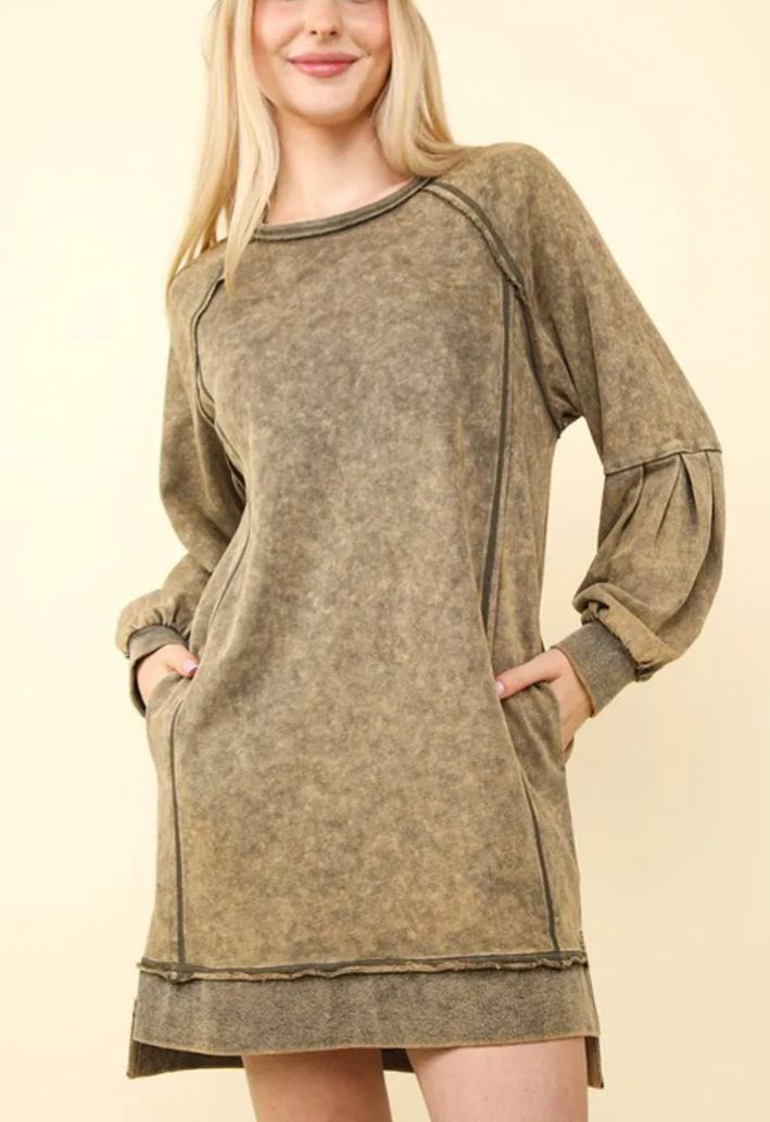 Washed Raglan Sleeve Casual Mini Dress