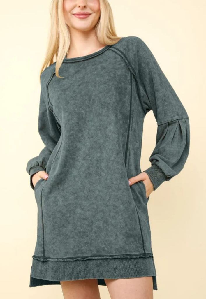 Washed Raglan Sleeve Casual Mini Dress