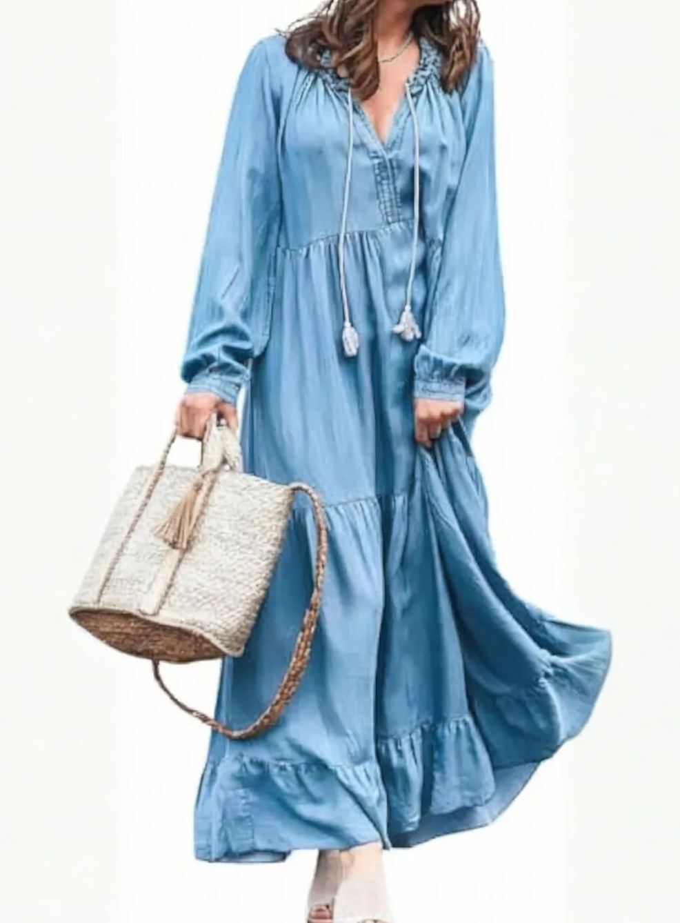 Women's Spring Long Sleeeve Tiered Denim Dress