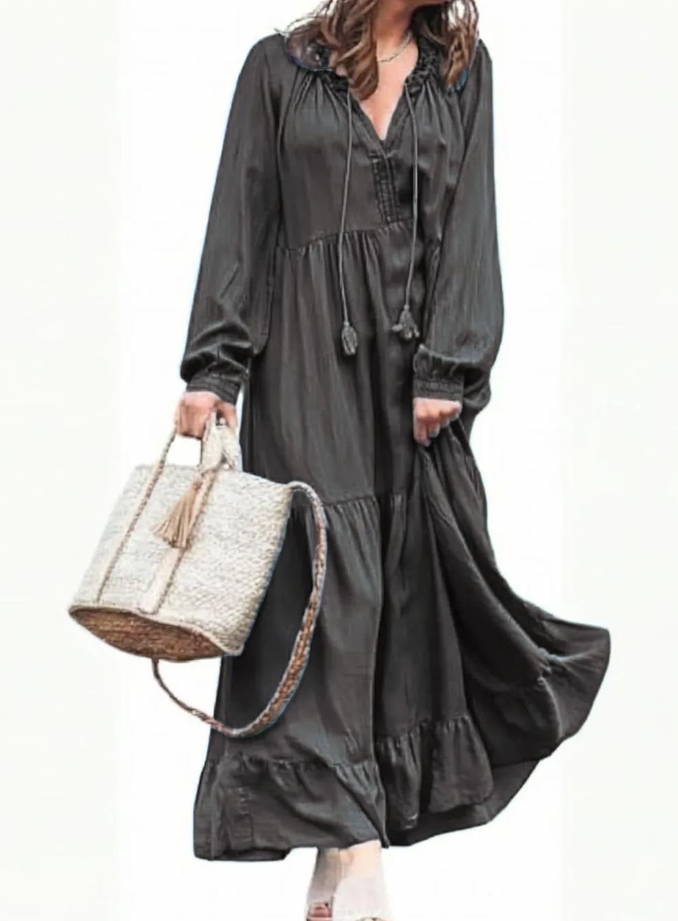 Women's Spring Long Sleeeve Tiered Denim Dress