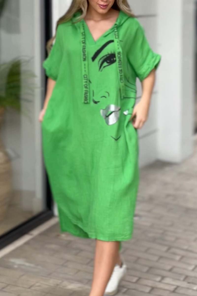 Women's Summer Casual Hooded Cotton and Linen Dress