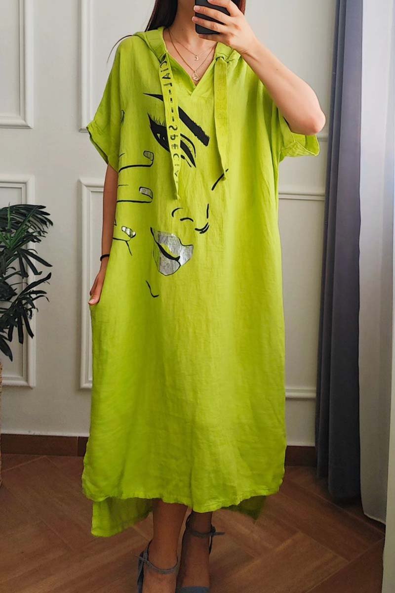 Women's Summer Casual Hooded Cotton and Linen Dress