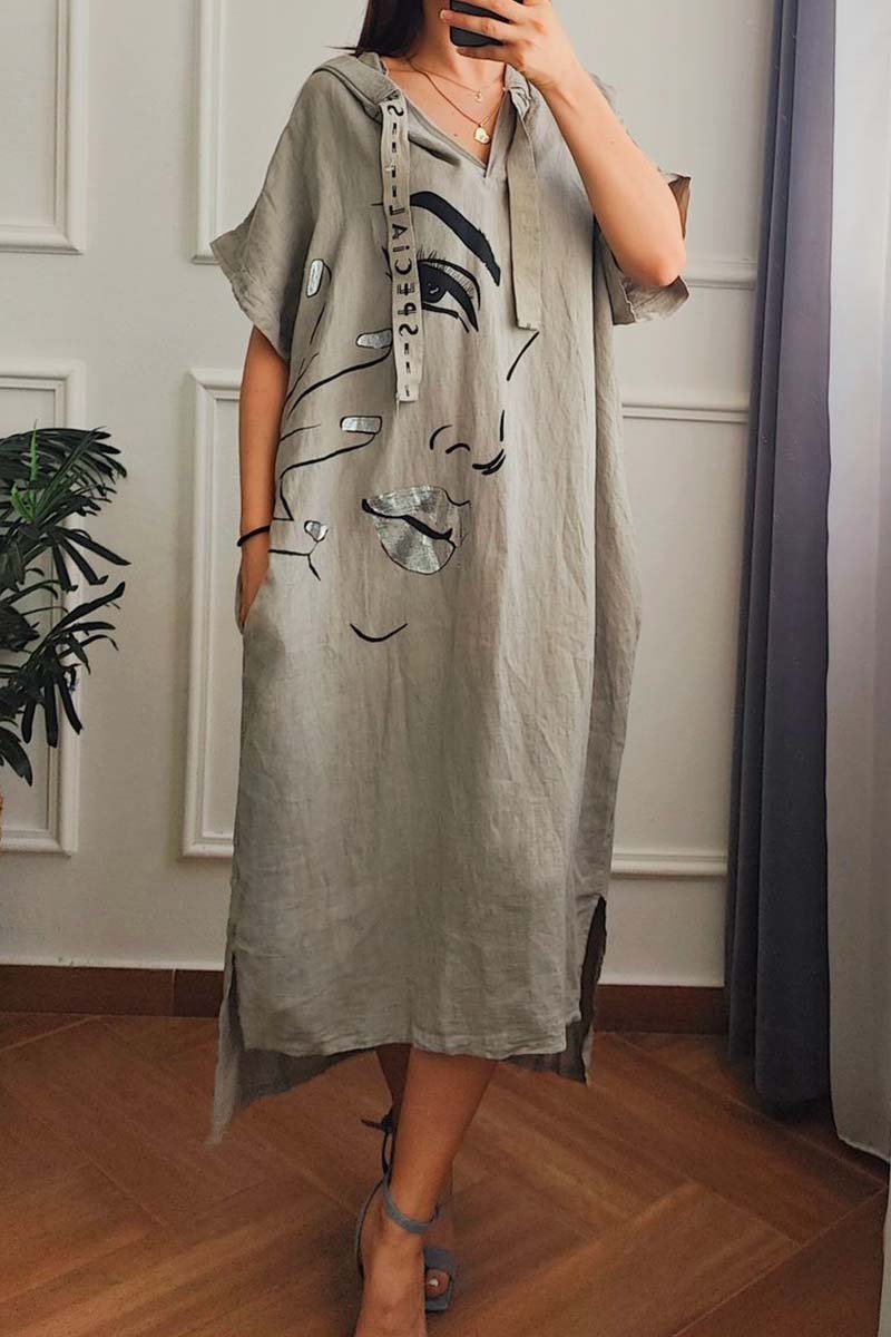 Women's Summer Casual Hooded Cotton and Linen Dress