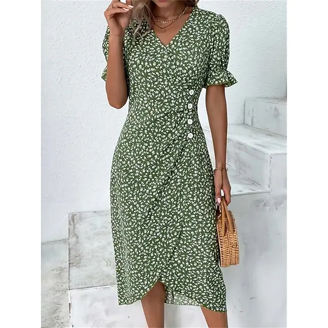 Women's Casual Floral Wrap V Neck Button Print Midi Dress Daily Holiday Fashion Classic Regular Fit Short Sleeve Spring