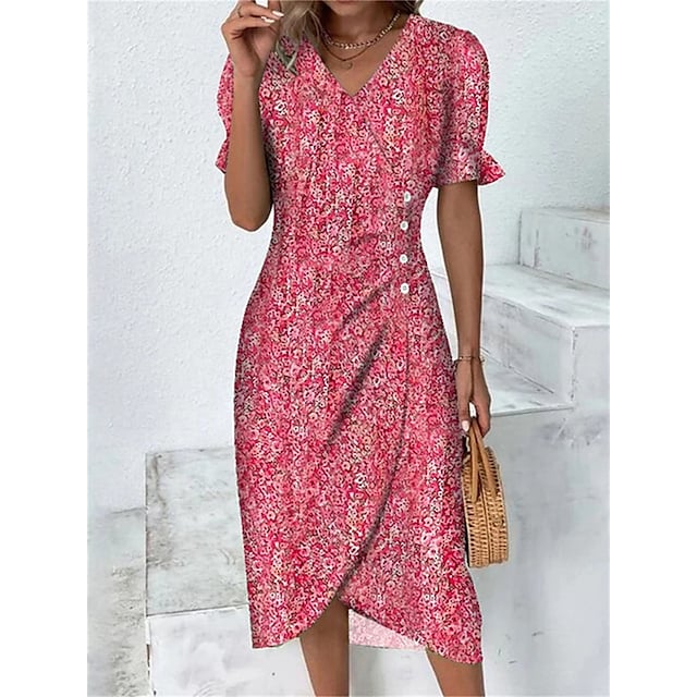 Women's Casual Floral Wrap V Neck Button Print Midi Dress Daily Holiday Fashion Classic Regular Fit Short Sleeve Spring