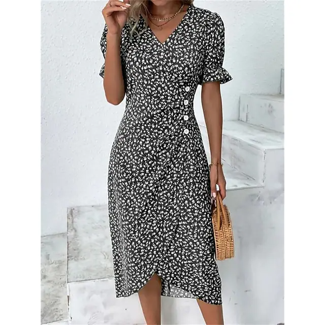 Women's Casual Floral Wrap V Neck Button Print Midi Dress Daily Holiday Fashion Classic Regular Fit Short Sleeve Spring