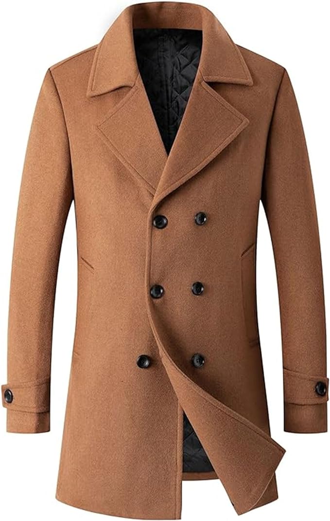 Men's Woolen Trench Coat Regular Fit Double Breasted Wool Blend Jacket Winter Pea Coat Businesss Overcoat