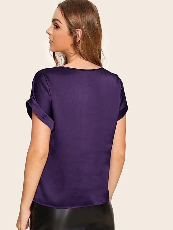 Women's Short Sleeve Satin Blouse Casual Loose Silk Tops Shirt
