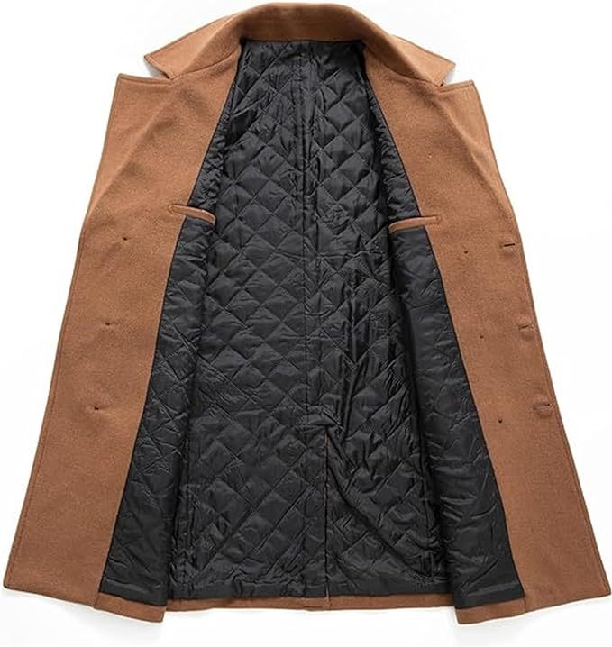 Men's Woolen Trench Coat Regular Fit Double Breasted Wool Blend Jacket Winter Pea Coat Businesss Overcoat