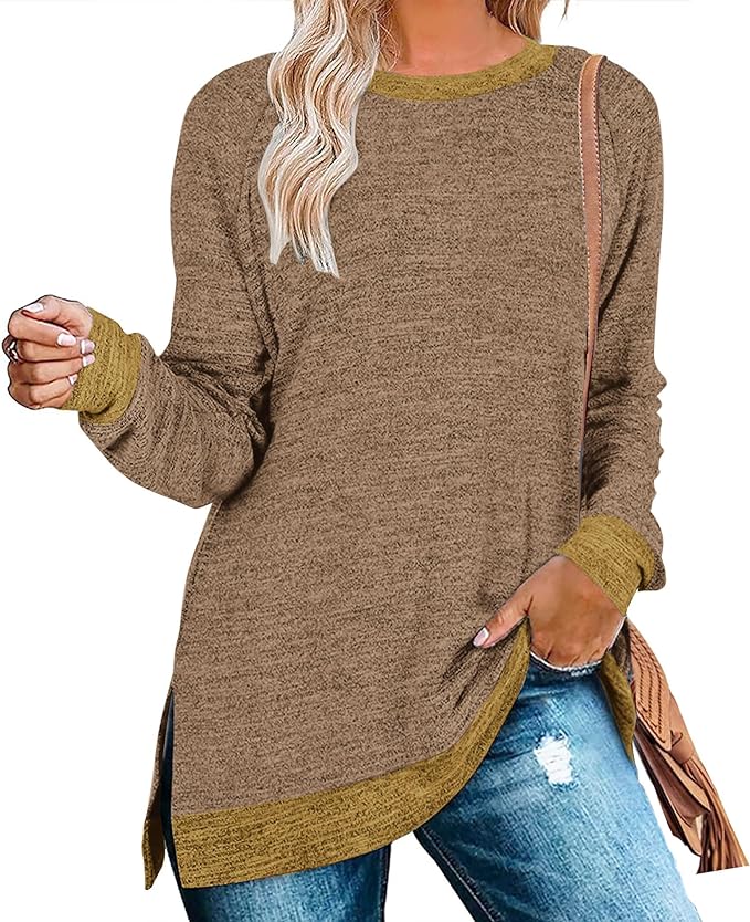 Womens Sweatshirts Casual Long Sleeve Color Block Crewneck Sweaters Tunic Tops