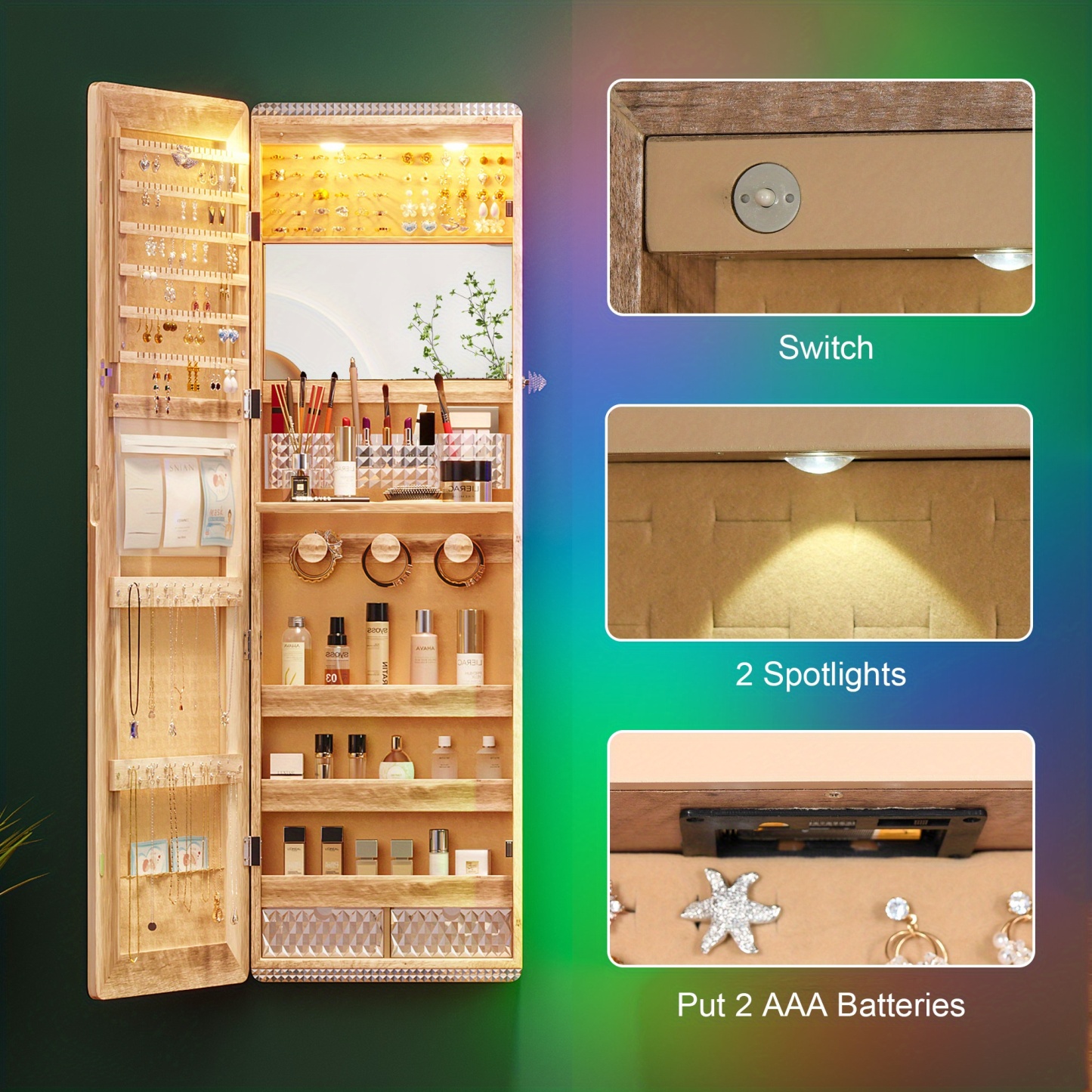  LED Mirror Jewelry Cabinet with RGB Lights
