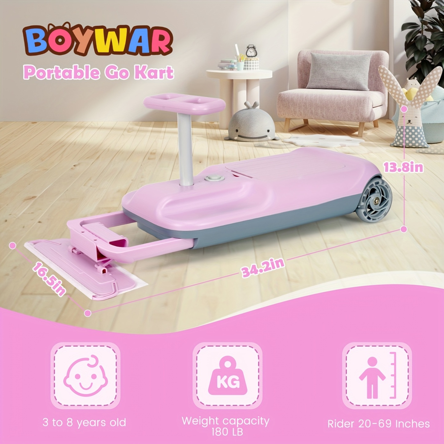 Kart, Variable Speed For Kids, 5 Speeds Available, Cleaning Go Kart For 3+ Year Old (Includes Mop)