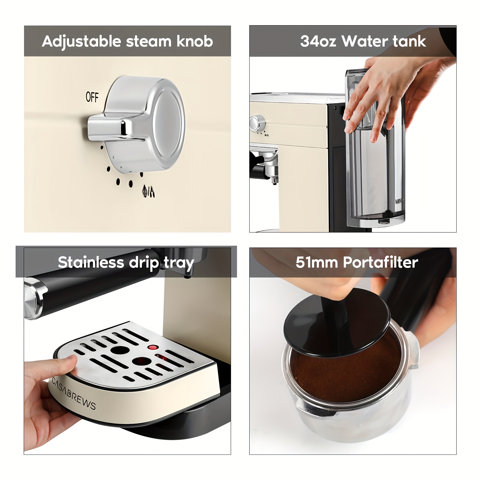 20 Bar Pressure Elegant Beige Espresso Maker - 1L/34oz