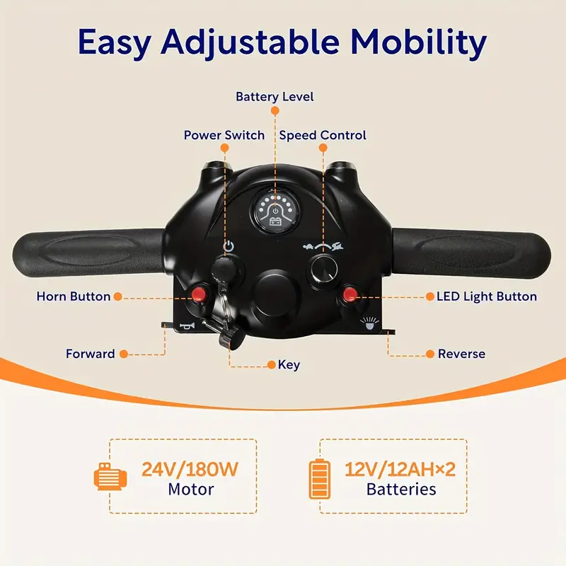   4 wheel electric mobility scooter with 180w powerful motor   range collapsible   extended   led lights basket suitable for grass   dirt snowy   scooter electric outdoor mobility aid durable tire construction Product details 7