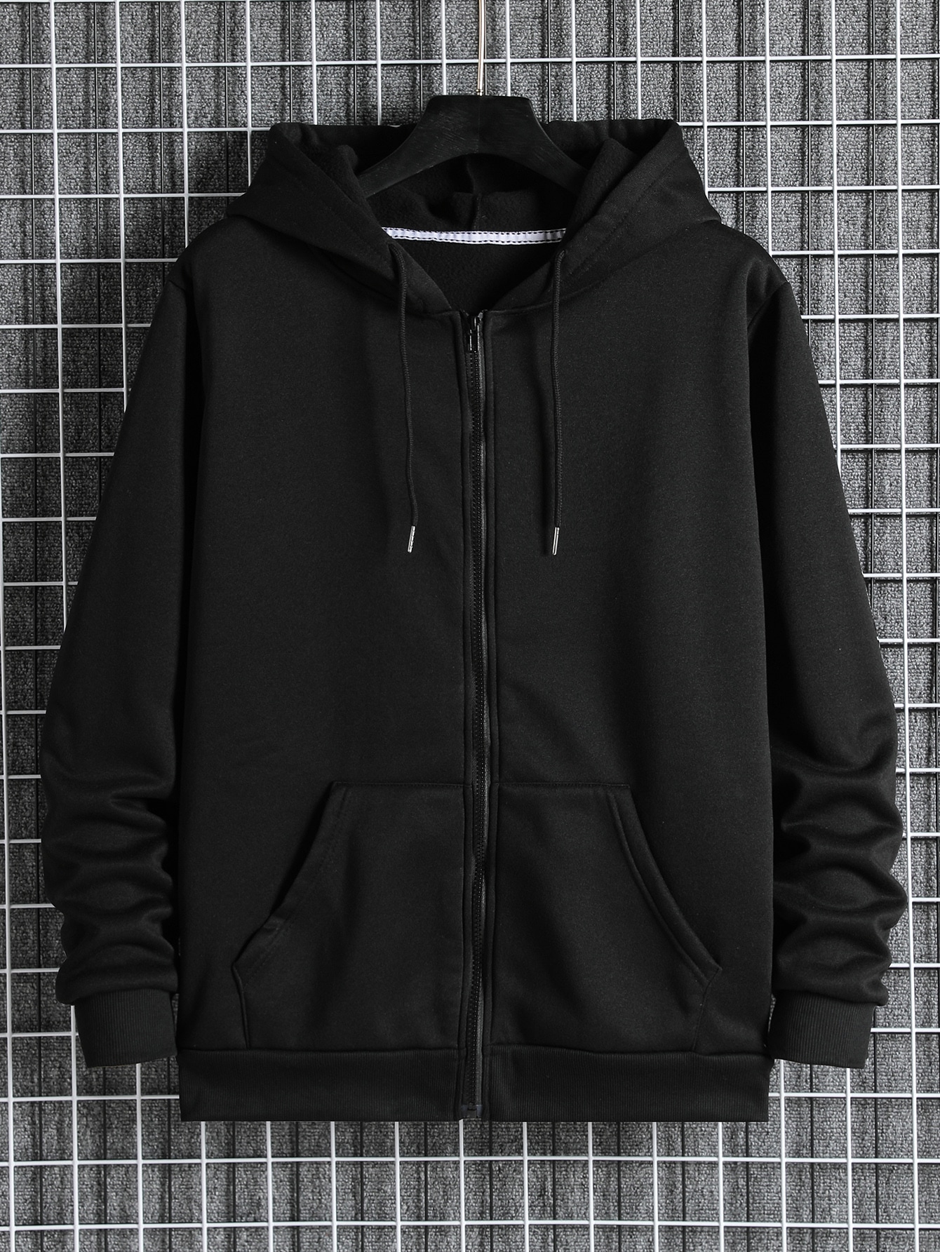 Men Zip Up Drawstring Slant Pocket Hoodie
