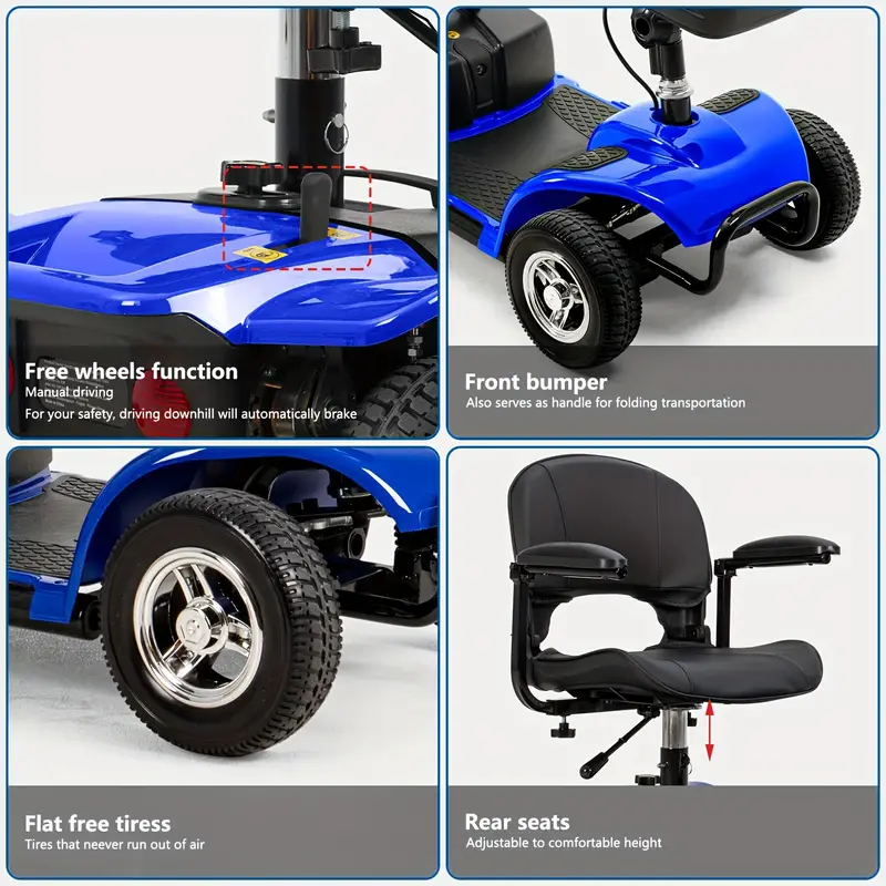   4 wheel electric mobility scooter with 180w powerful motor   range collapsible   extended   led lights basket suitable for grass   dirt snowy   scooter electric outdoor mobility aid durable tire construction Product details 6