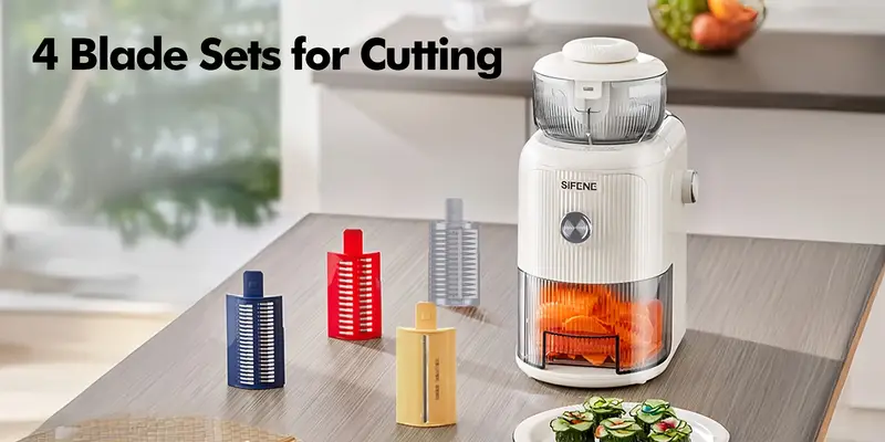 electric cheese grater salad maker with 4 replaceable stainless shapes of blades easy to clean electric slicer   electric salad machine for fruits vegetables cheeses details 4