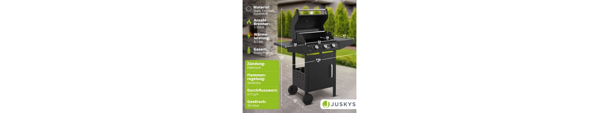 Juskys Gasgrill Louisiana, 3 Brenner, 8,1 kW, emaillierter Rost, Thermometer, Seitenablagen